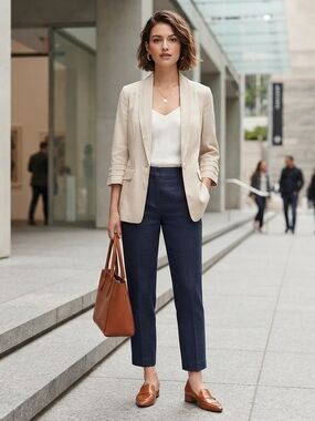 Ellen Tracy Beige Single-Button Shawl Collar Blazer